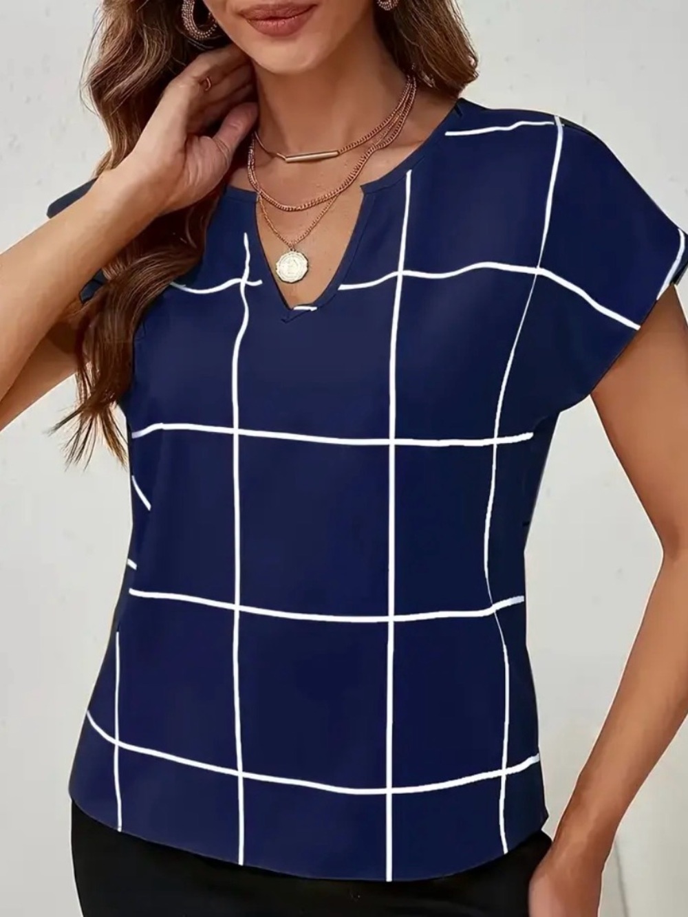 Navy Windowpane V-Neck Cap Sleeve Top